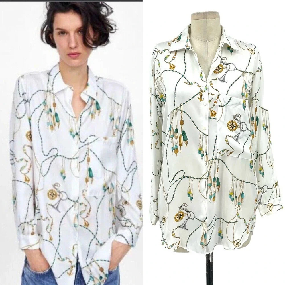 Zara Button Down Nautical Chain Printed Long Sleeve Blouse White Size Small